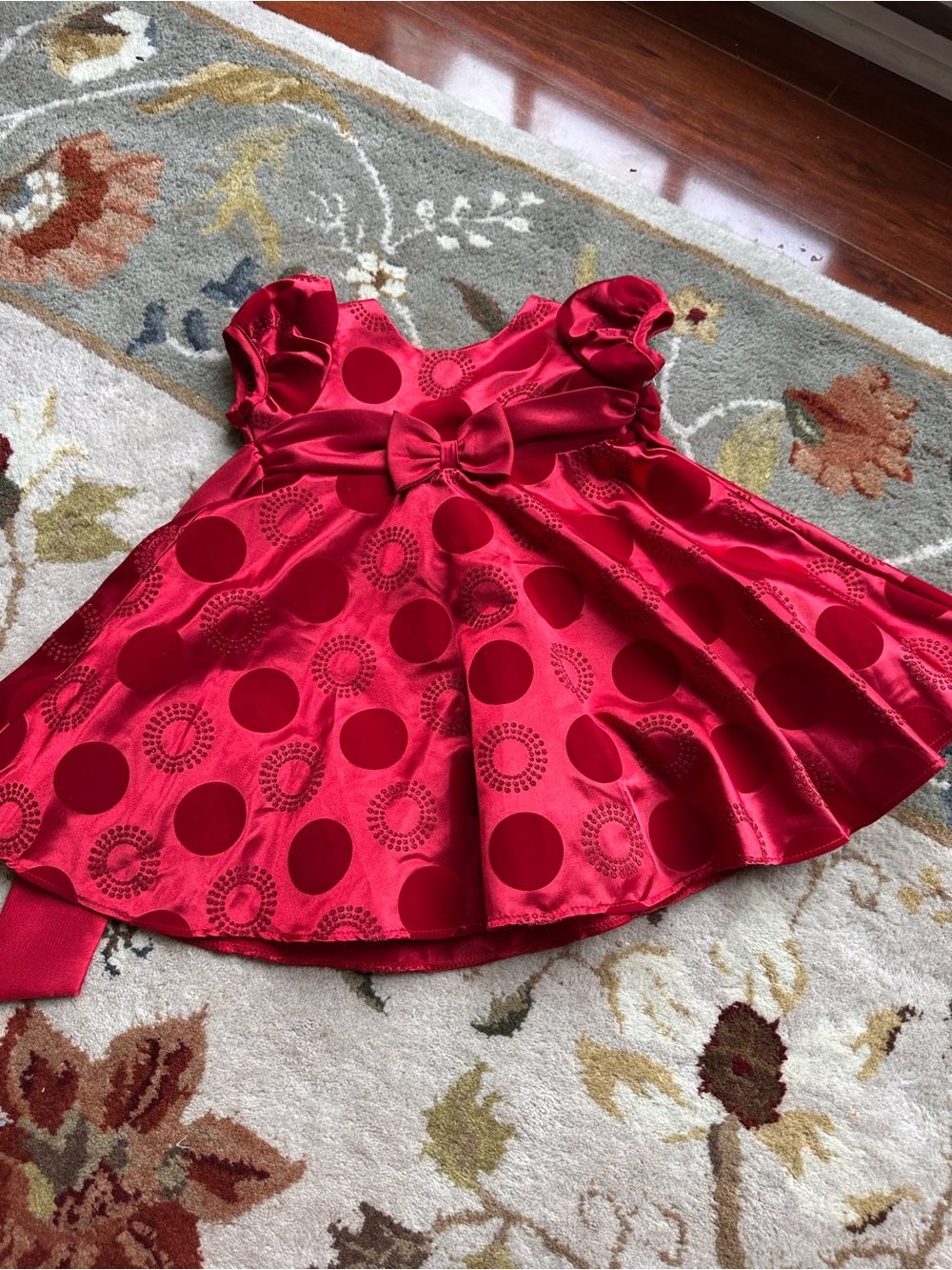 Rare Too Girls Red Holiday Party Dress Satin Foil Dot Bow Short Sleeve Sz 24M